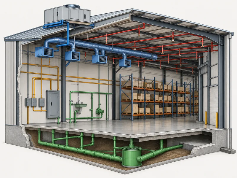 Cutaway diagram of warehouse MEP systems across HVAC, electrical, plumbing, and fire protection