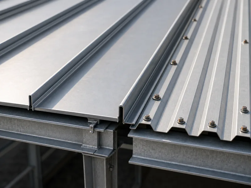 Standing seam and exposed-fastener metal roof panels on a steel frame
