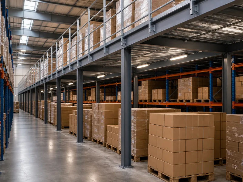 Steel mezzanine deck built above pallet racking to reuse overhead warehouse space