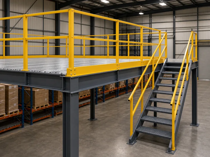 Mezzanine platform edge with a 42-inch guardrail and an OSHA-compliant access stair
