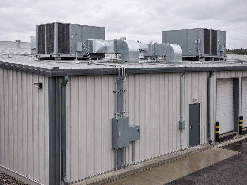 Unités de chauffage et de climatisation en toiture ainsi que le service électrique à l’extérieur d’un entrepôt