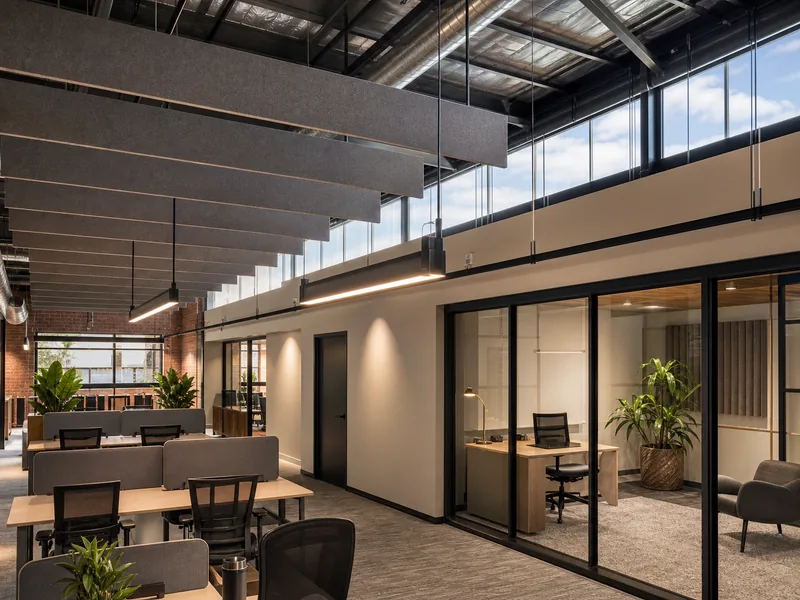 Acoustic baffles and clerestory daylight in a warehouse office