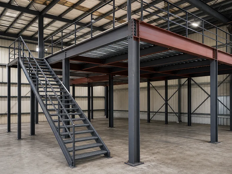 Steel mezzanine frame and floor built for a warehouse office