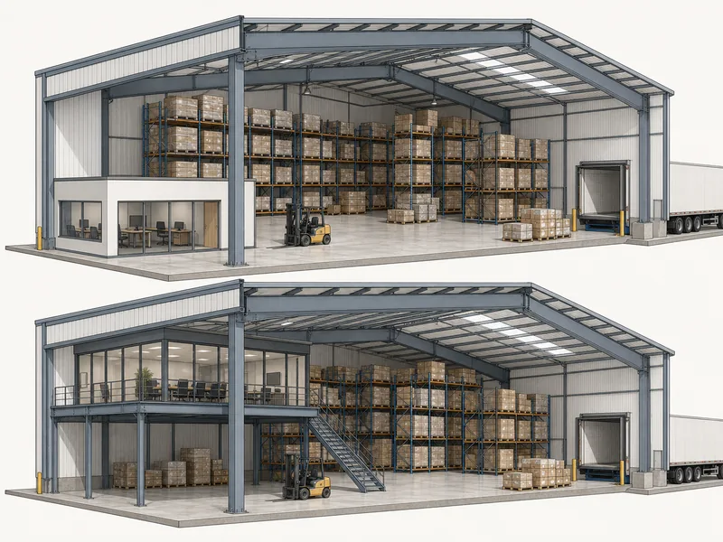 Ground-floor in-plant office and a raised mezzanine office in a warehouse