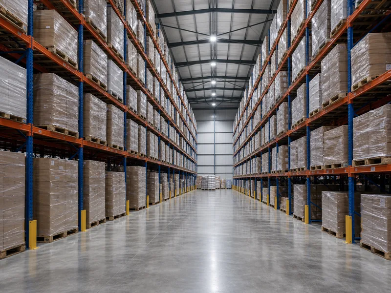 Tall pallet racking with a forklift aisle inside a high-clear-height warehouse