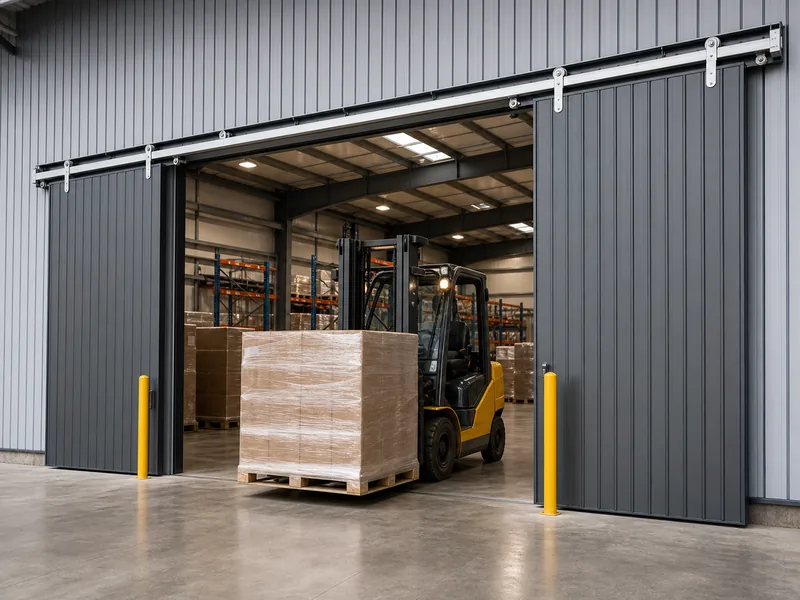Forklift carrying a pallet through a wide bi-parting warehouse door opening
