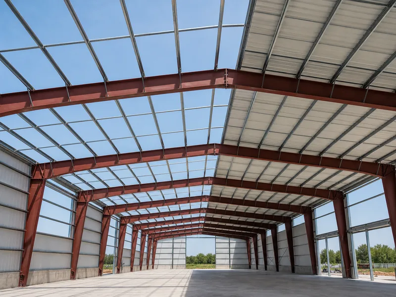 Steel rigid frame and purlins forming a column-free clear-span warehouse interior