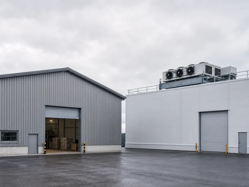 Home 57 Steel dry warehouse and an insulated cold storage building side by side