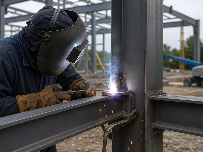 Welder joining steel frame members on site for a weld-up metal building