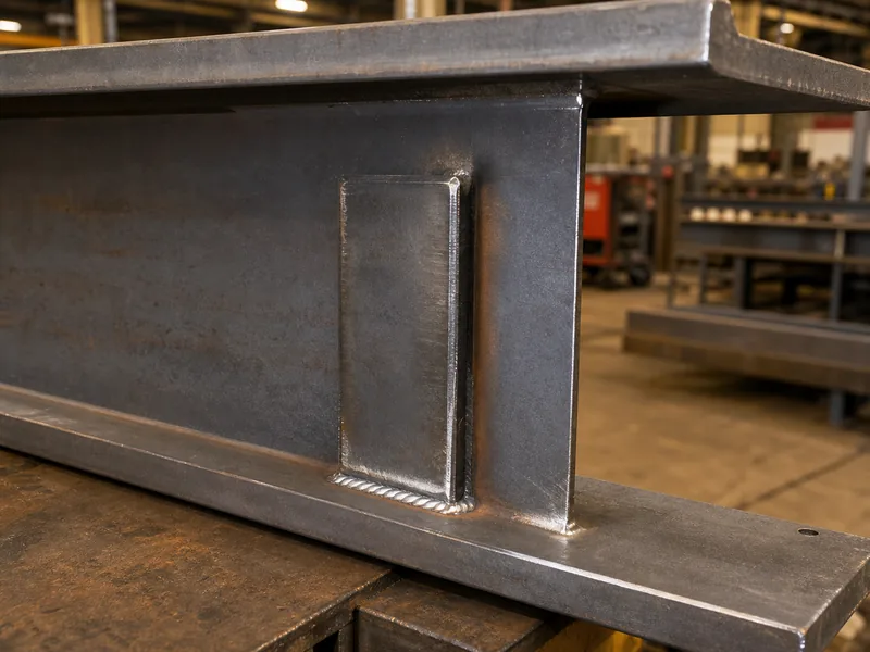 Welded steel connection fabricated in a workshop