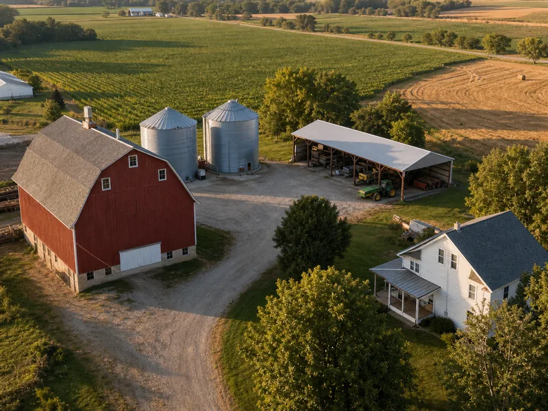Aerial view of a working farm with a barn, grain silos, and machine sheds