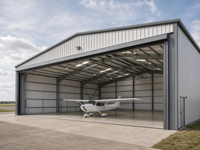 Home 57 Steel-framed airplane hangar with a wide open door and an aircraft inside