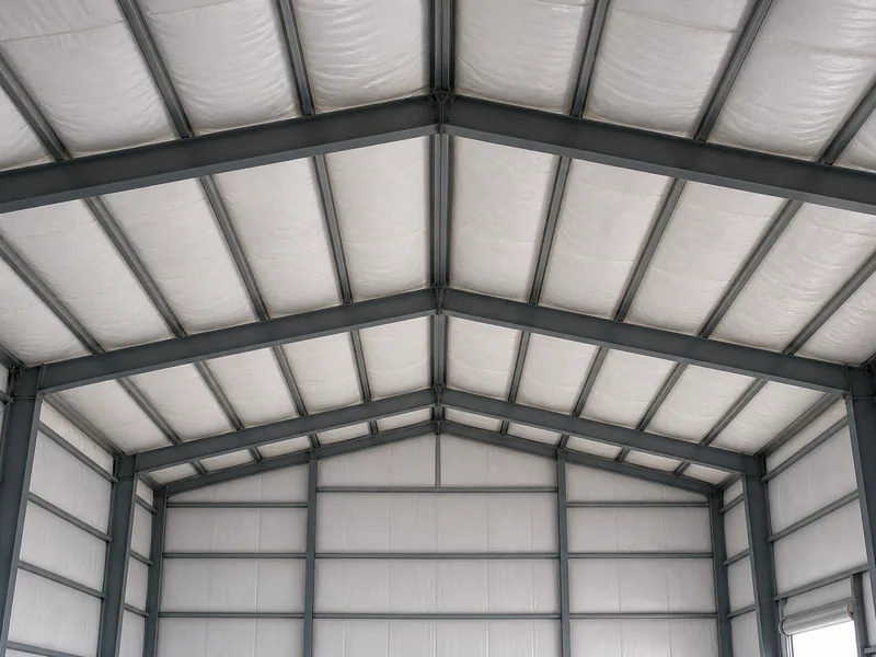 Insulated metal building roof and ceiling assembly seen from the interior