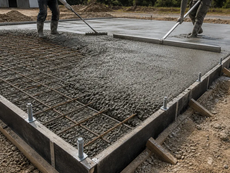 Equipo vertiendo una losa de concreto reforzado para el piso de un taller metálico