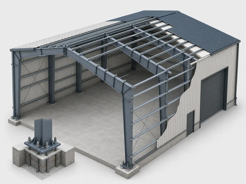 Cutaway of a workshop steel frame showing rigid frame, purlins, and wall girts