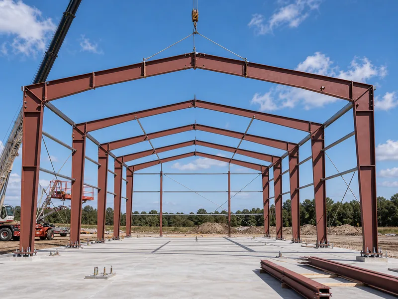 Workshop steel columns set on base plates with anchor bolts during erection