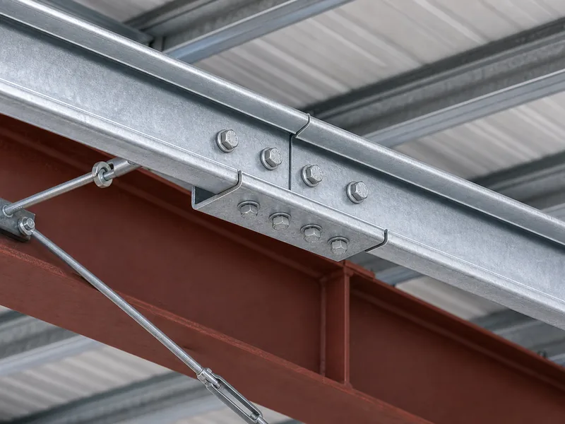 Z-purlins lapped and bolted over an interior frame support